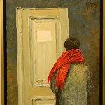 Painting of boy with red scarf in front of a door